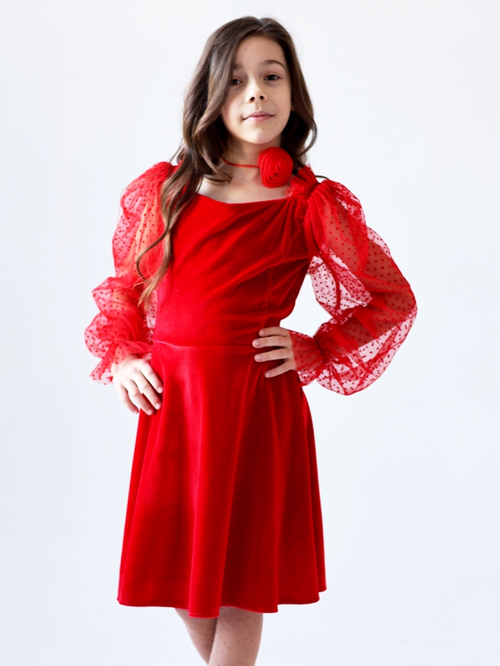 Платье велюровое БУШОН ST63, цвет красный/пояс choker