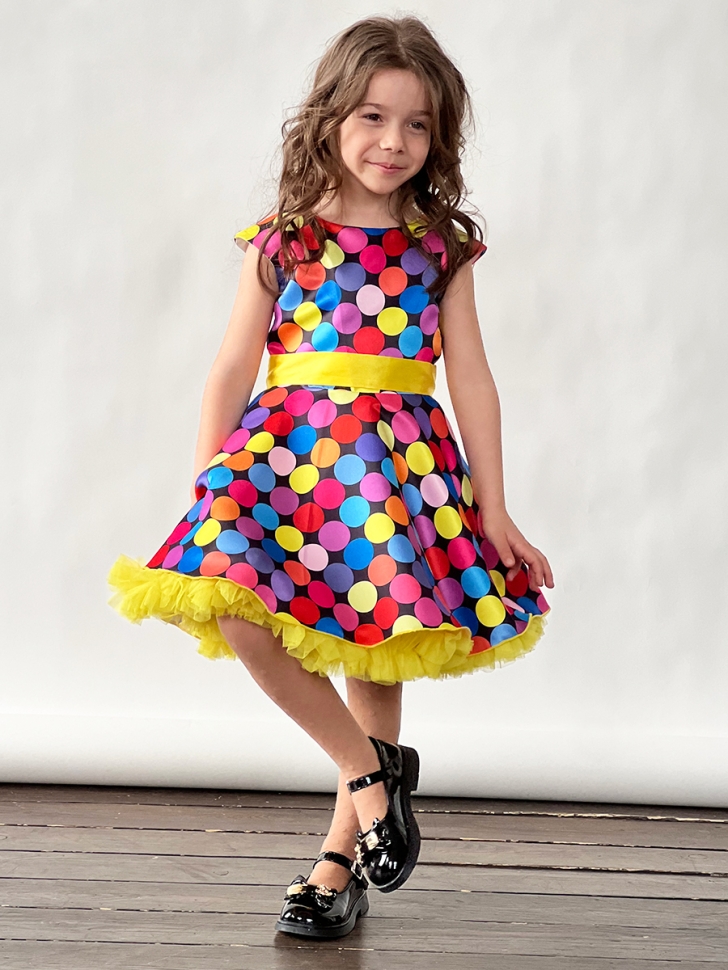 Платье для девочки нарядное БУШОН ST20, стиляги цвет мультиколор, желтый пояс, принт горох 