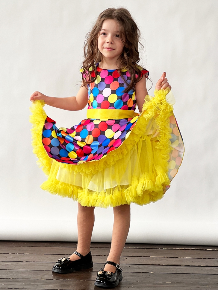 Платье для девочки нарядное БУШОН ST20, стиляги цвет мультиколор, желтый пояс, принт горох 