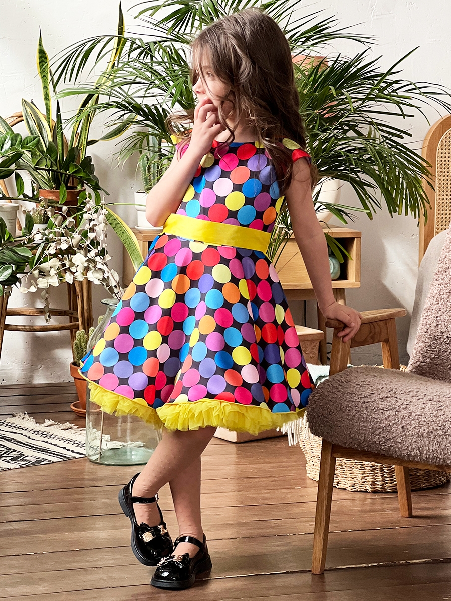 Платье для девочки нарядное БУШОН ST20, стиляги цвет мультиколор, желтый пояс, принт горох 