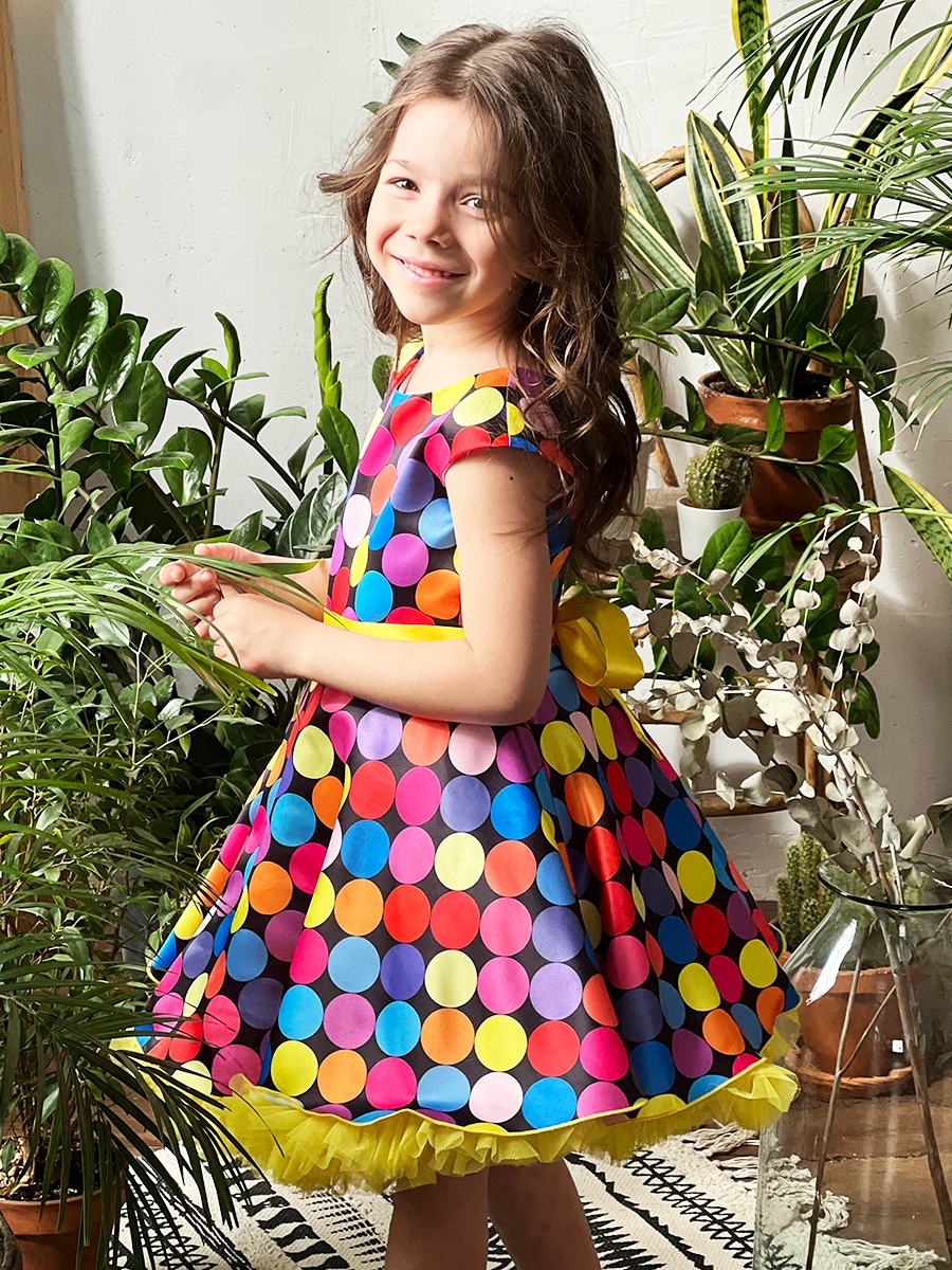 Платье для девочки нарядное БУШОН ST20, стиляги цвет мультиколор, желтый пояс, принт горох 