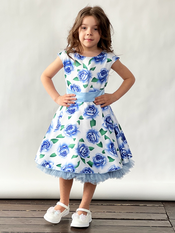 Платье для девочки нарядное БУШОН ST30, стиляги, цвет голубой цветы