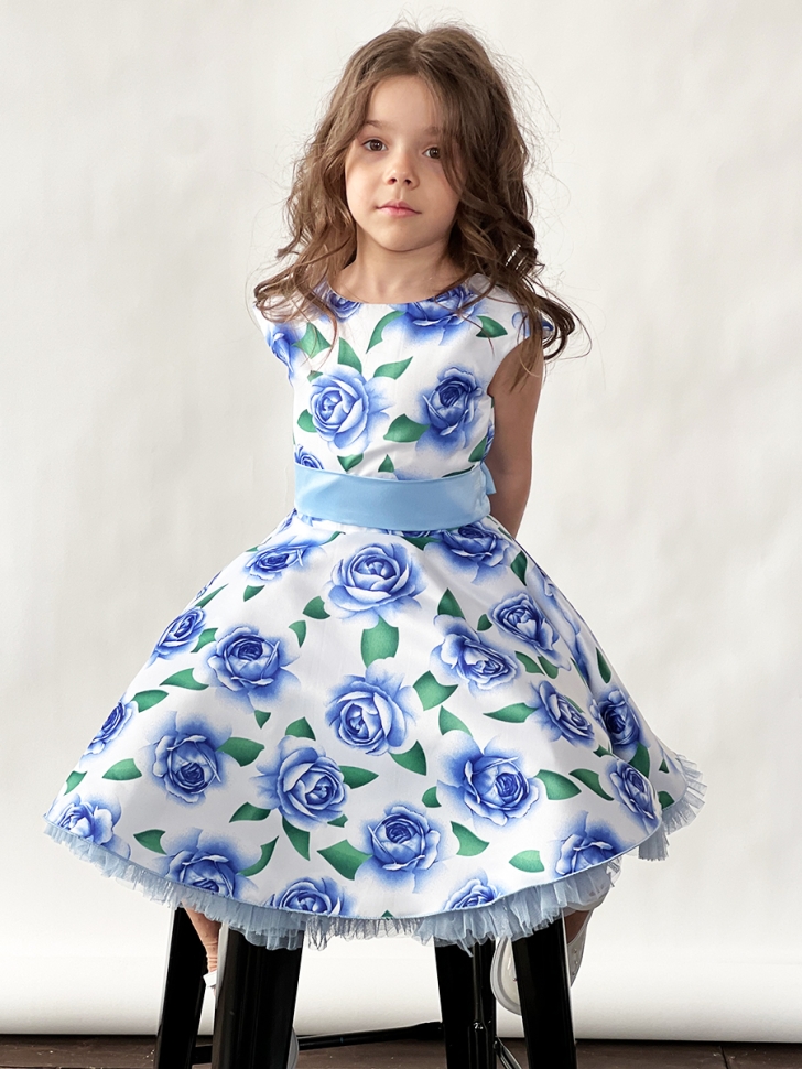 Платье для девочки нарядное БУШОН ST30, стиляги, цвет голубой цветы