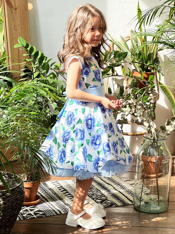 Платье для девочки нарядное БУШОН ST30, стиляги, цвет голубой цветы