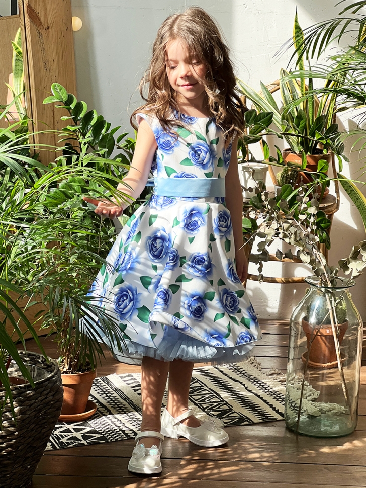 Платье для девочки нарядное БУШОН ST30, стиляги, цвет голубой цветы