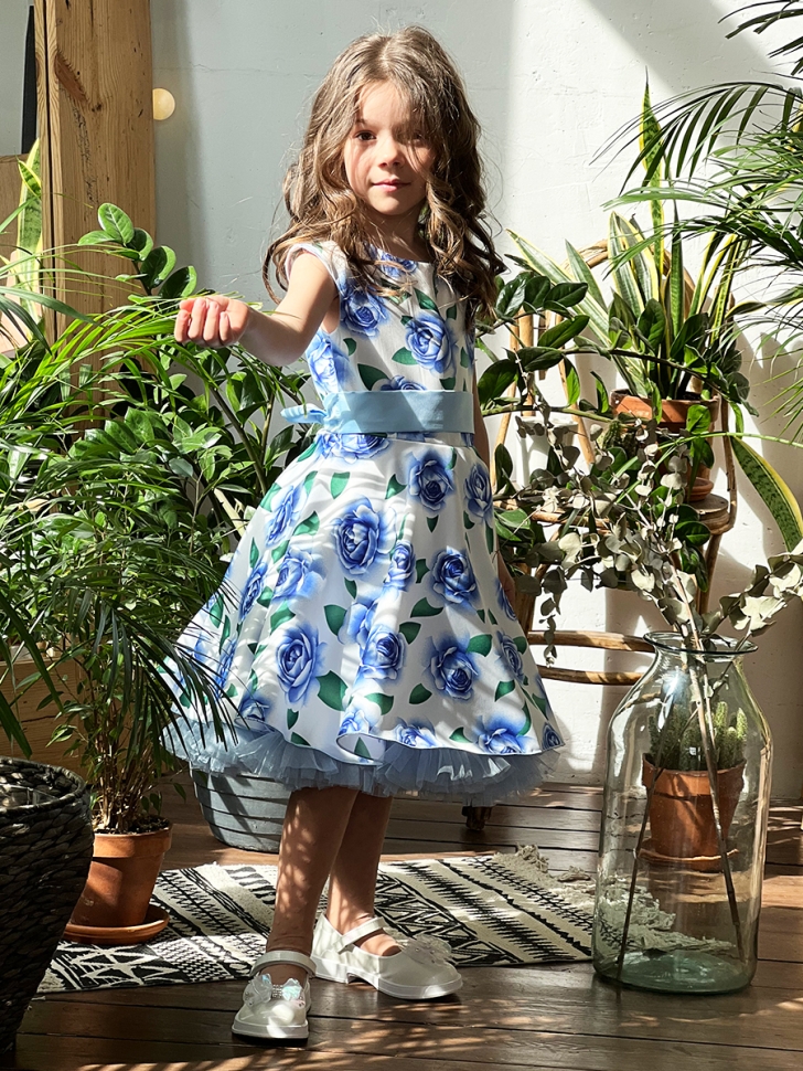 Платье для девочки нарядное БУШОН ST30, стиляги, цвет голубой цветы