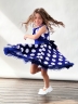 Платье для девочки нарядное БУШОН ST20, стиляги цвет синий, синий пояс, принт горох белый 