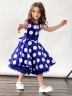 Платье для девочки нарядное БУШОН ST20, стиляги цвет синий, синий пояс, принт горох белый 