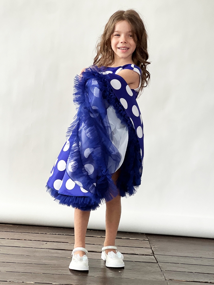 Платье для девочки нарядное БУШОН ST20, стиляги цвет синий, синий пояс, принт горох белый 
