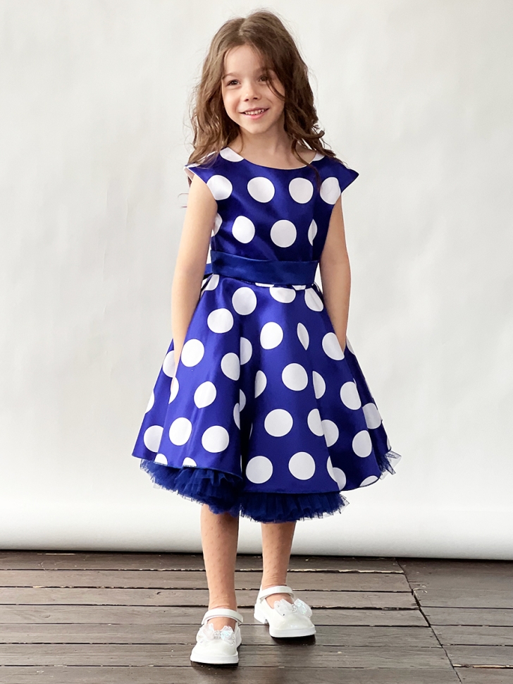 Платье для девочки нарядное БУШОН ST20, стиляги цвет синий, синий пояс, принт горох белый 