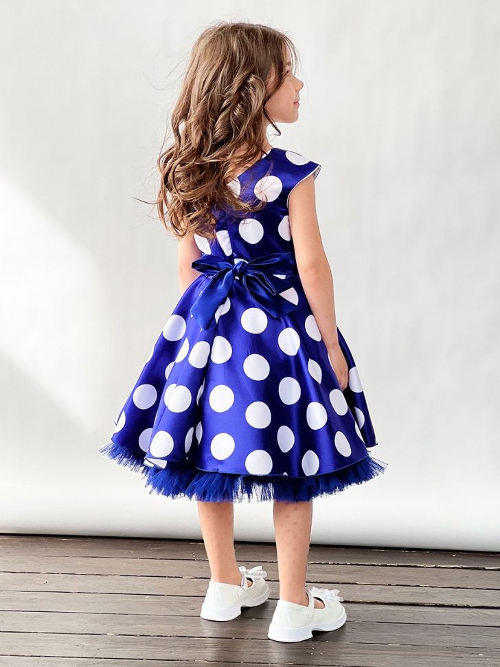 Платье для девочки нарядное БУШОН ST20, стиляги цвет синий, синий пояс, принт горох белый 