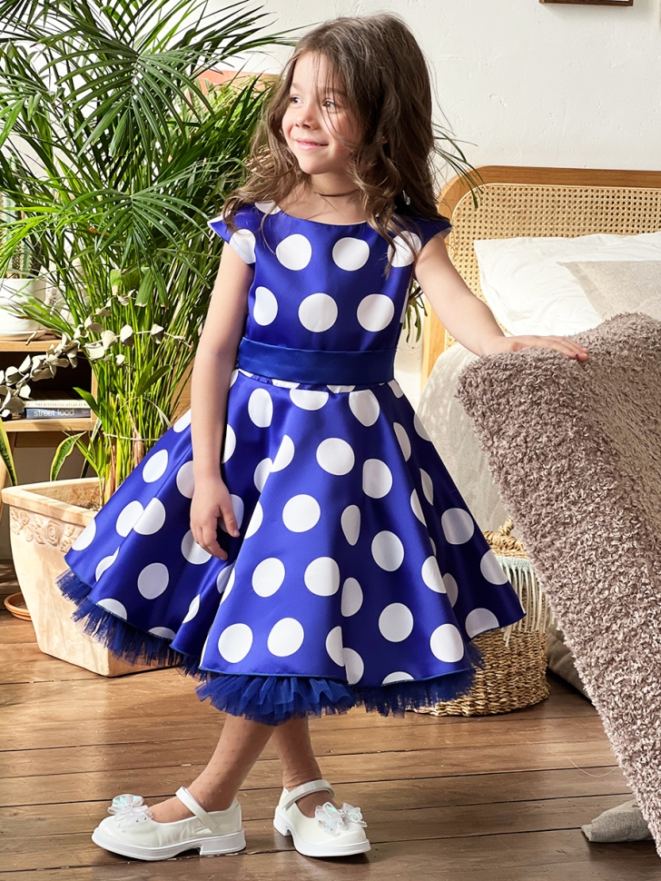 Платье для девочки нарядное БУШОН ST20, стиляги цвет синий, синий пояс, принт горох белый 