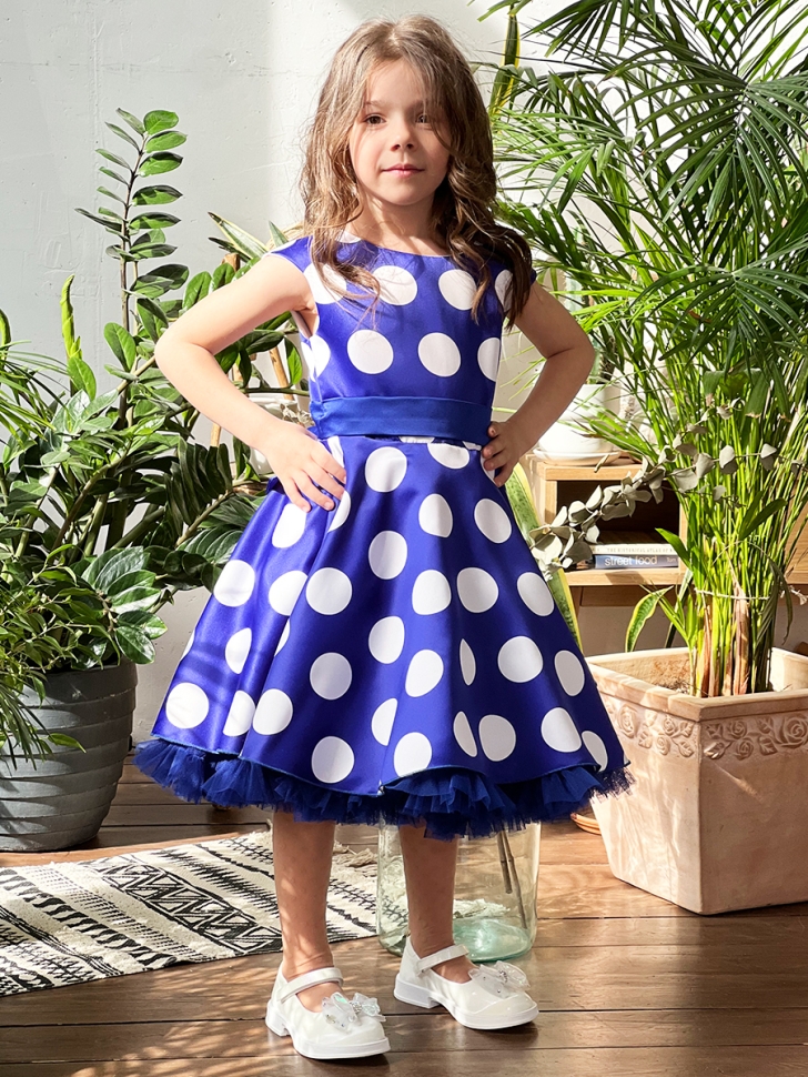 Платье для девочки нарядное БУШОН ST20, стиляги цвет синий, синий пояс, принт горох белый 