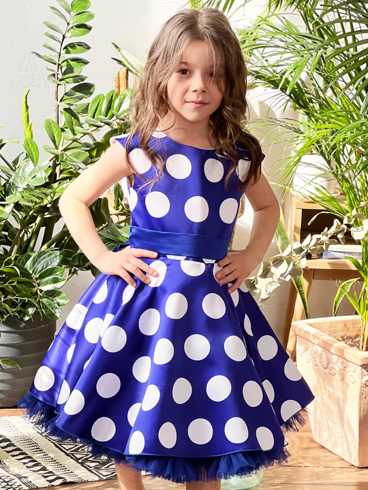 Платье для девочки нарядное БУШОН ST20, стиляги цвет синий, синий пояс, принт горох белый 