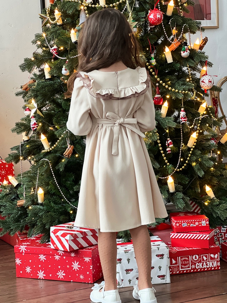 Платье для девочки нарядное БУШОН ST59, цвет капучино коричневый бант 