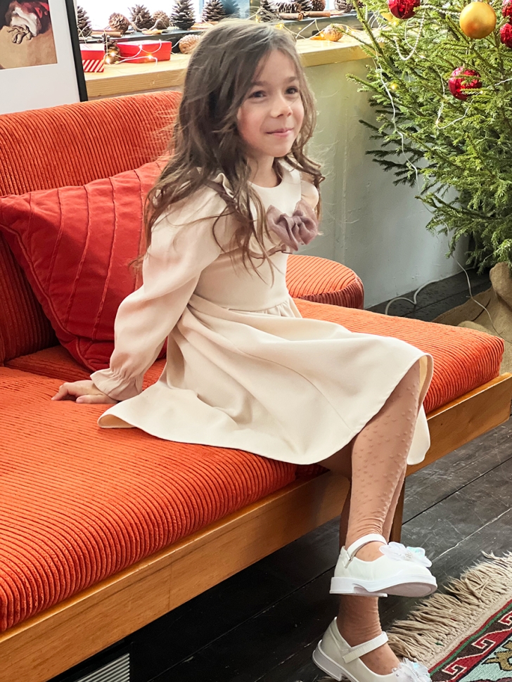 Платье для девочки нарядное БУШОН ST59, цвет капучино коричневый бант 