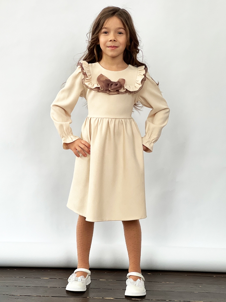 Платье для девочки нарядное БУШОН ST59, цвет капучино коричневый бант 