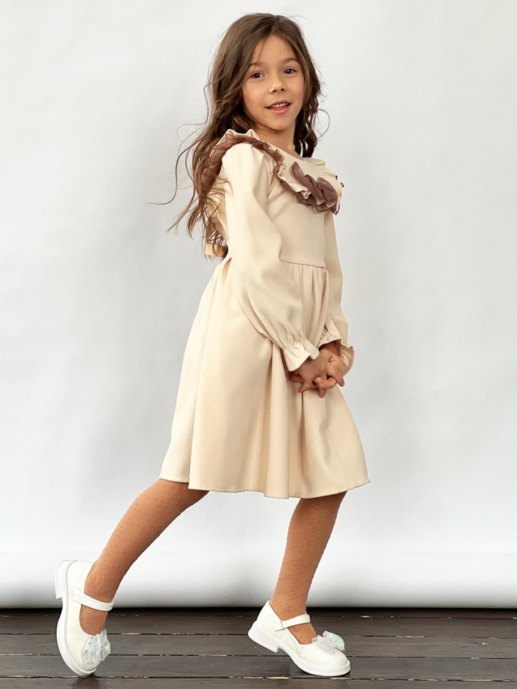 Платье для девочки нарядное БУШОН ST59, цвет капучино коричневый бант 