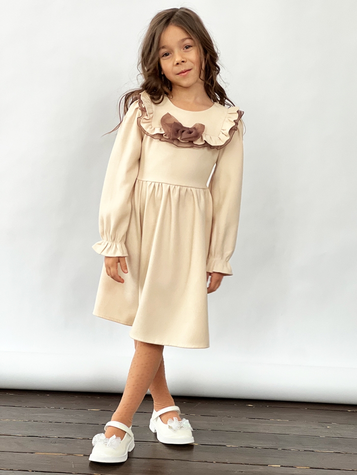 Платье для девочки нарядное БУШОН ST59, цвет капучино коричневый бант 