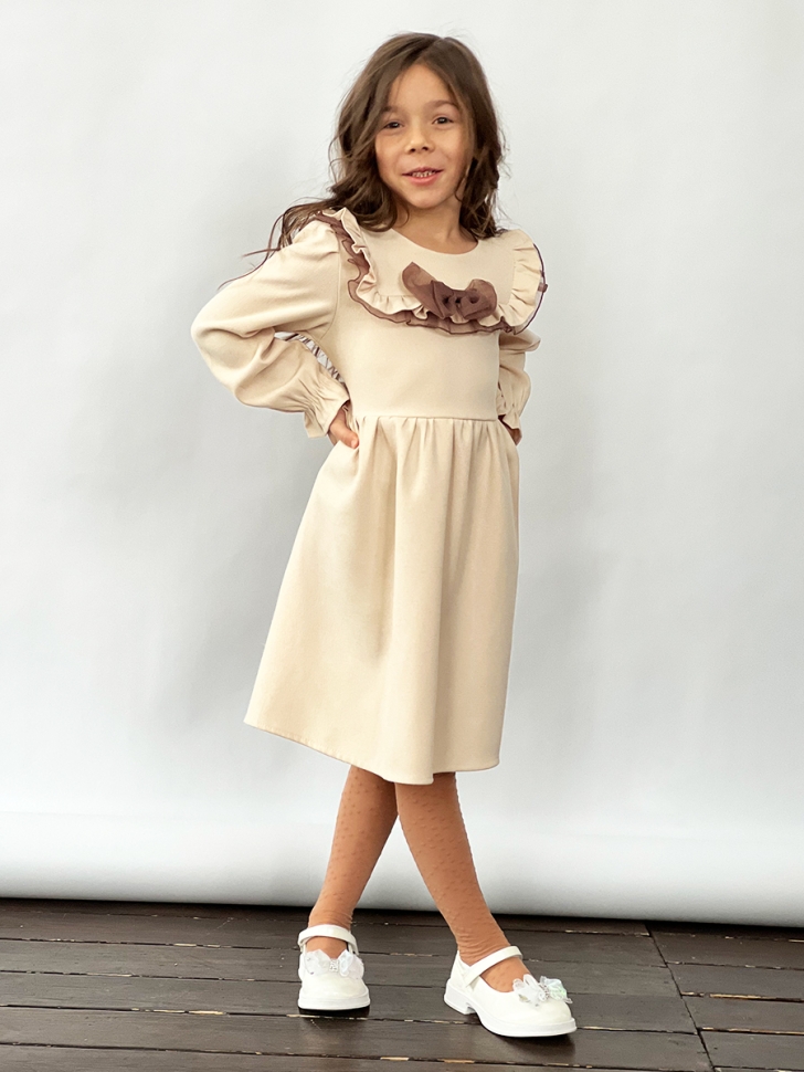 Платье для девочки нарядное БУШОН ST59, цвет капучино коричневый бант 