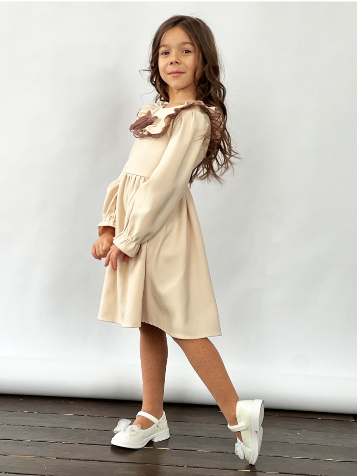 Платье для девочки нарядное БУШОН ST59, цвет капучино коричневый бант 