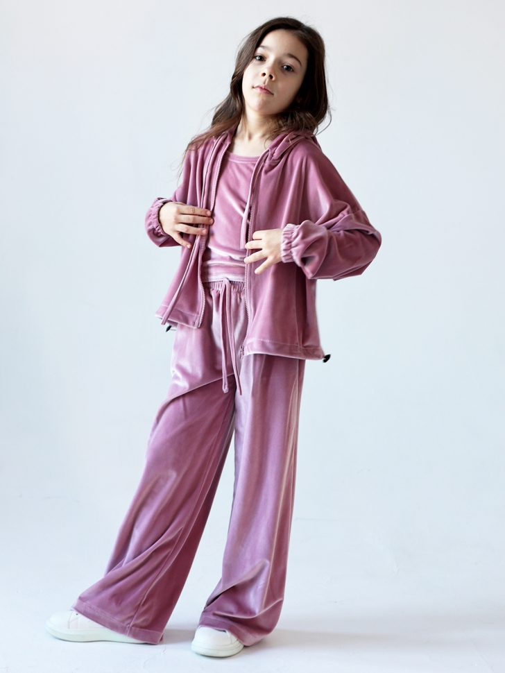 Костюм для девочки из велюра БУШОН SP223, цвет пудра/капюшон