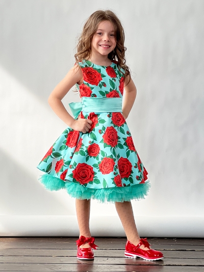 Платье для девочки нарядное БУШОН ST30, стиляги цвет зеленый/красный, принт цветы