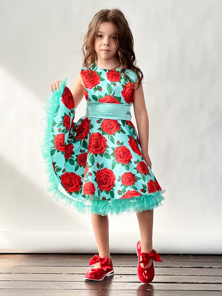 Платье для девочки нарядное БУШОН ST30, стиляги цвет зеленый/красный, принт цветы 