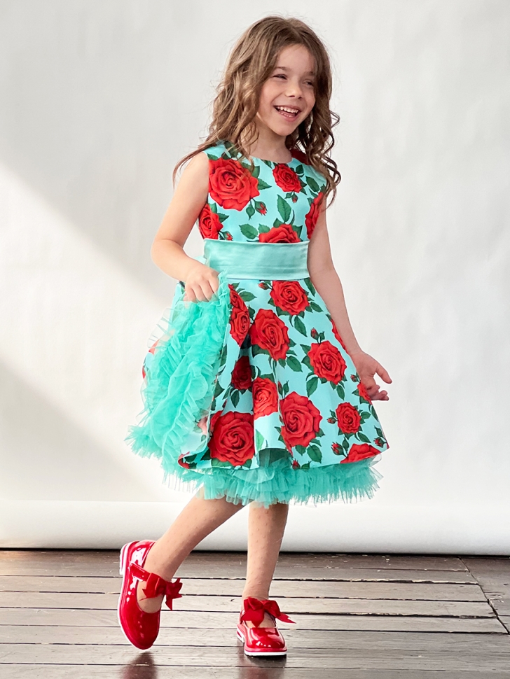 Платье для девочки нарядное БУШОН ST30, стиляги цвет зеленый/красный, принт цветы 