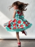 Платье для девочки нарядное БУШОН ST30, стиляги цвет зеленый/красный, принт цветы 