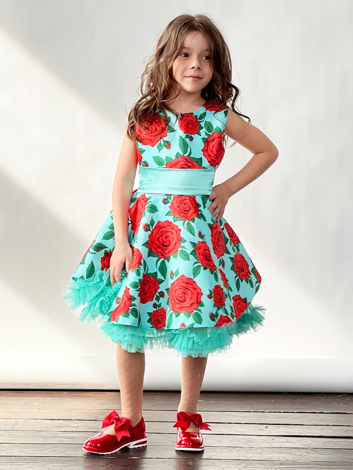 Платье для девочки нарядное БУШОН ST30, стиляги цвет зеленый/красный, принт цветы 