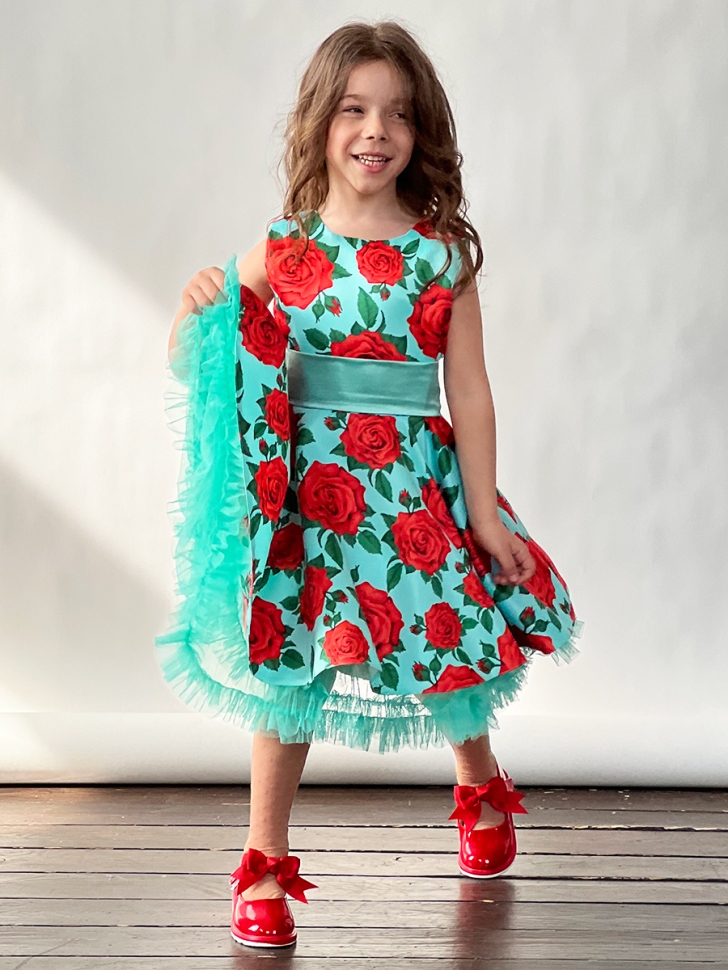 Платье для девочки нарядное БУШОН ST30, стиляги цвет зеленый/красный, принт цветы 