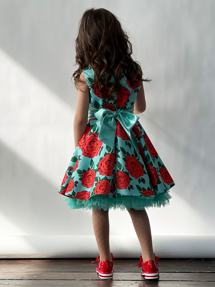 Платье для девочки нарядное БУШОН ST30, стиляги цвет зеленый/красный, принт цветы 