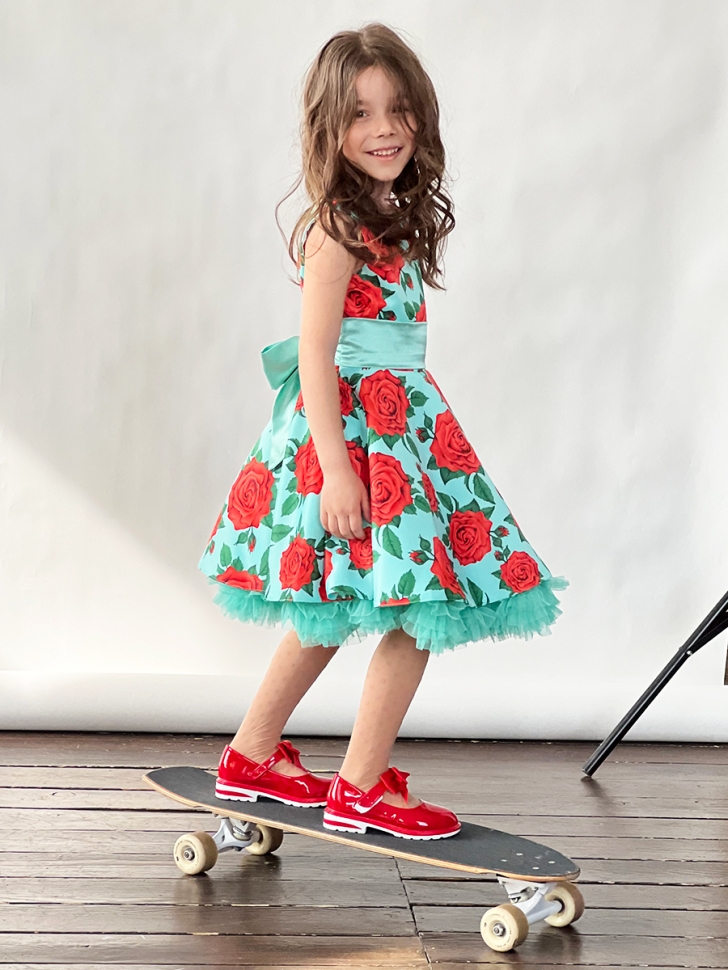 Платье для девочки нарядное БУШОН ST30, стиляги цвет зеленый/красный, принт цветы 