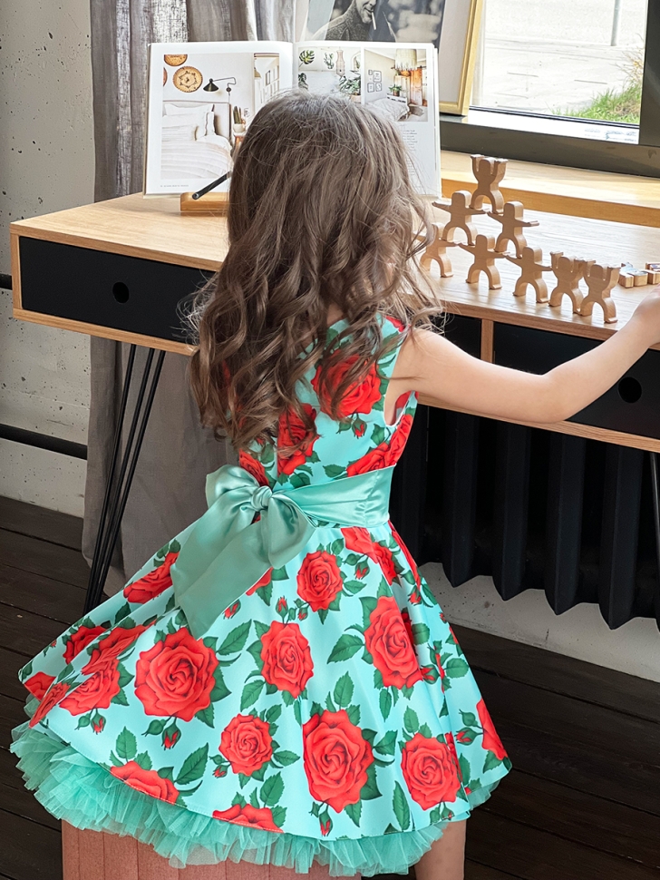 Платье для девочки нарядное БУШОН ST30, стиляги цвет зеленый/красный, принт цветы 