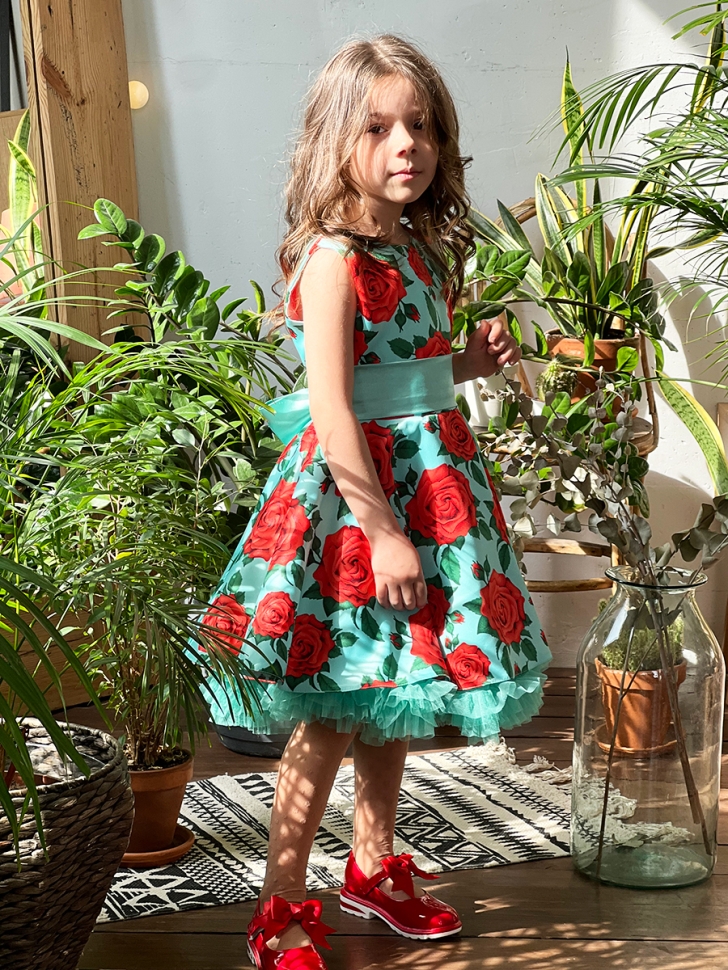 Платье для девочки нарядное БУШОН ST30, стиляги цвет зеленый/красный, принт цветы 