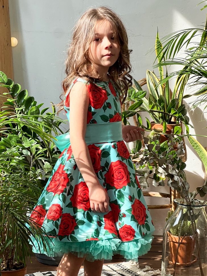 Платье для девочки нарядное БУШОН ST30, стиляги цвет зеленый/красный, принт цветы 