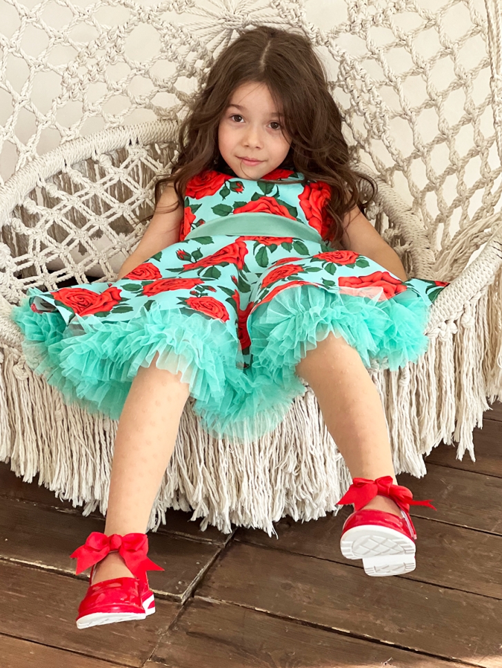 Платье для девочки нарядное БУШОН ST30, стиляги цвет зеленый/красный, принт цветы 