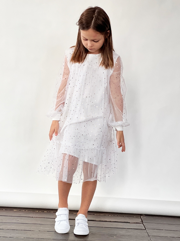 Платье для девочки нарядное БУШОН ST53, цвет белый блестки