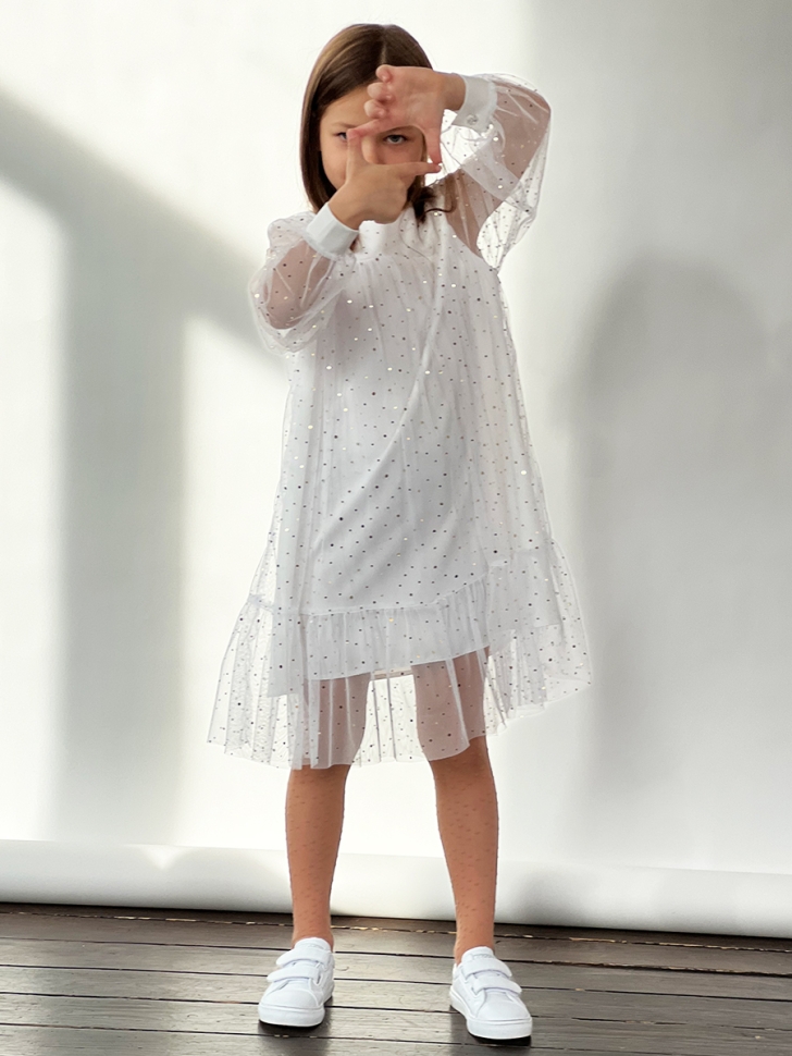 Платье для девочки нарядное БУШОН ST53, цвет белый блестки