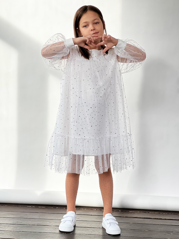 Платье для девочки нарядное БУШОН ST53, цвет белый блестки