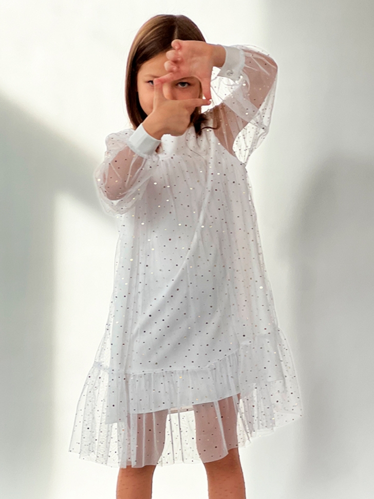 Платье для девочки нарядное БУШОН ST53, цвет белый блестки