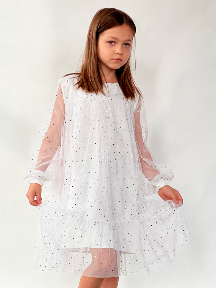 Платье для девочки нарядное БУШОН ST53, цвет белый блестки