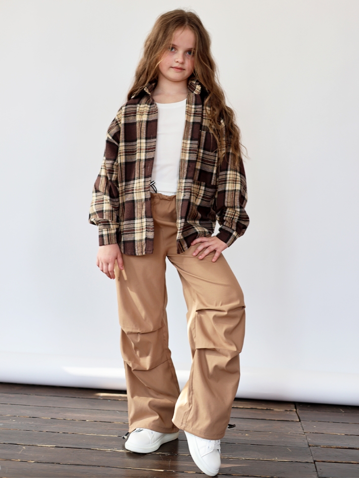 Комплект Рубашка, майка, брюки для девочки БУШОН, цвет коричневый клетка