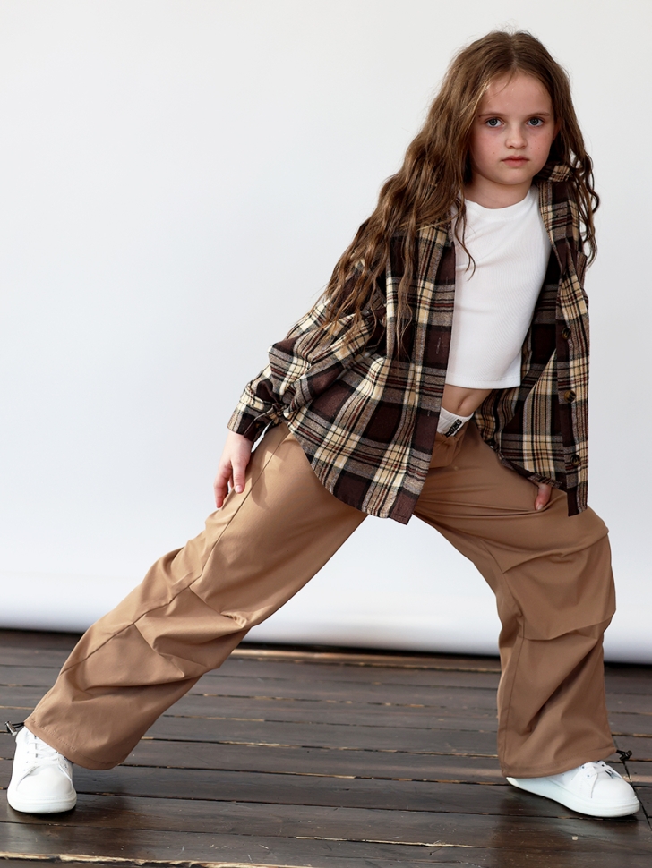 Комплект Рубашка, майка, брюки для девочки БУШОН, цвет коричневый клетка