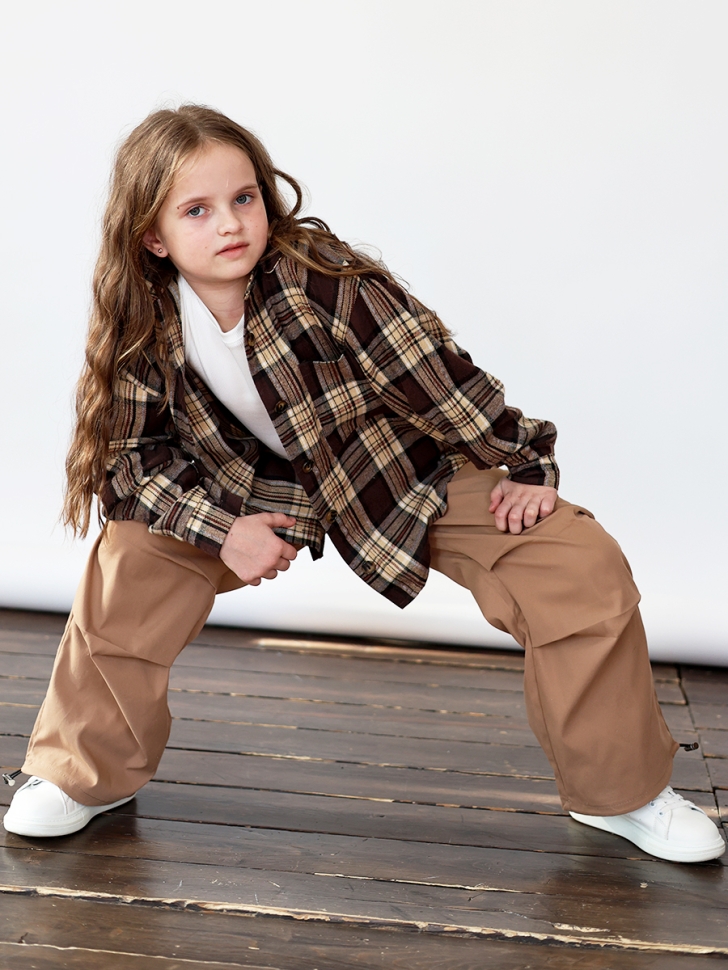 Комплект Рубашка, майка, брюки для девочки БУШОН, цвет коричневый клетка