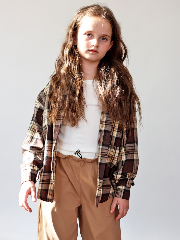 Комплект Рубашка, майка, брюки для девочки БУШОН, цвет коричневый клетка