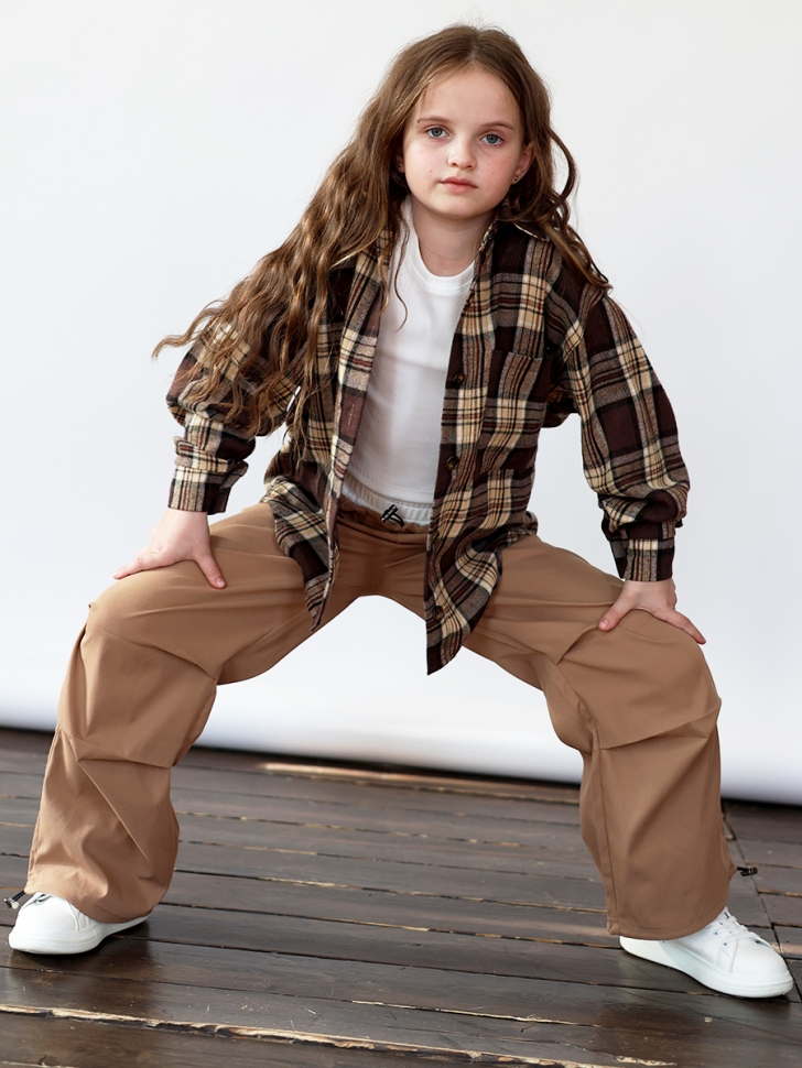 Комплект Рубашка, майка, брюки для девочки БУШОН, цвет коричневый клетка