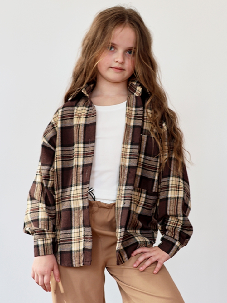 Комплект Рубашка, майка, брюки для девочки БУШОН, цвет коричневый клетка