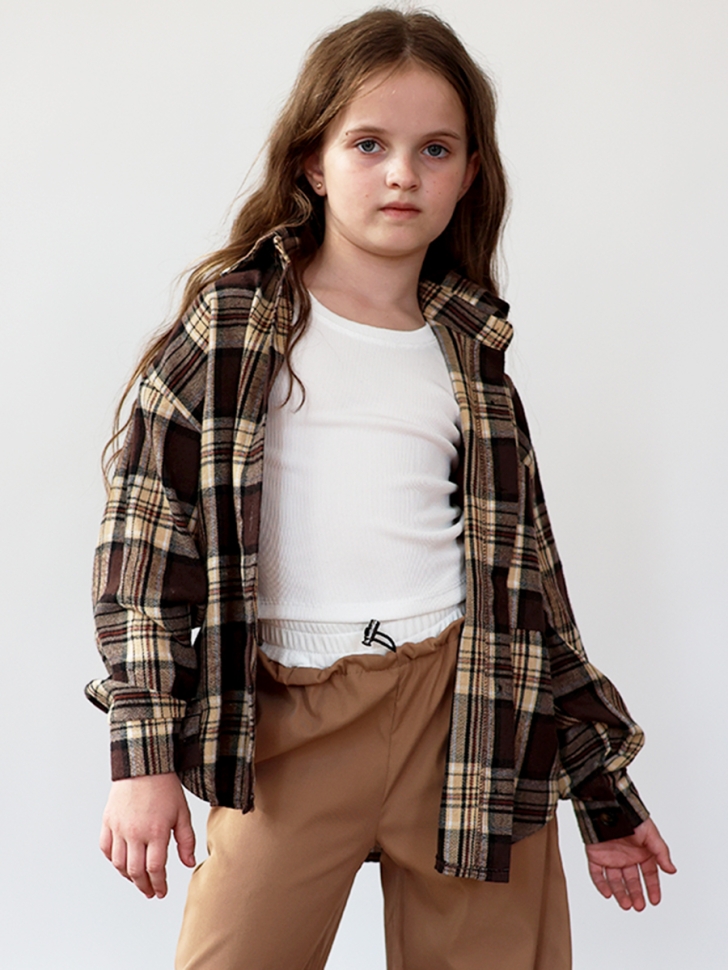Комплект Рубашка, майка, брюки для девочки БУШОН, цвет коричневый клетка